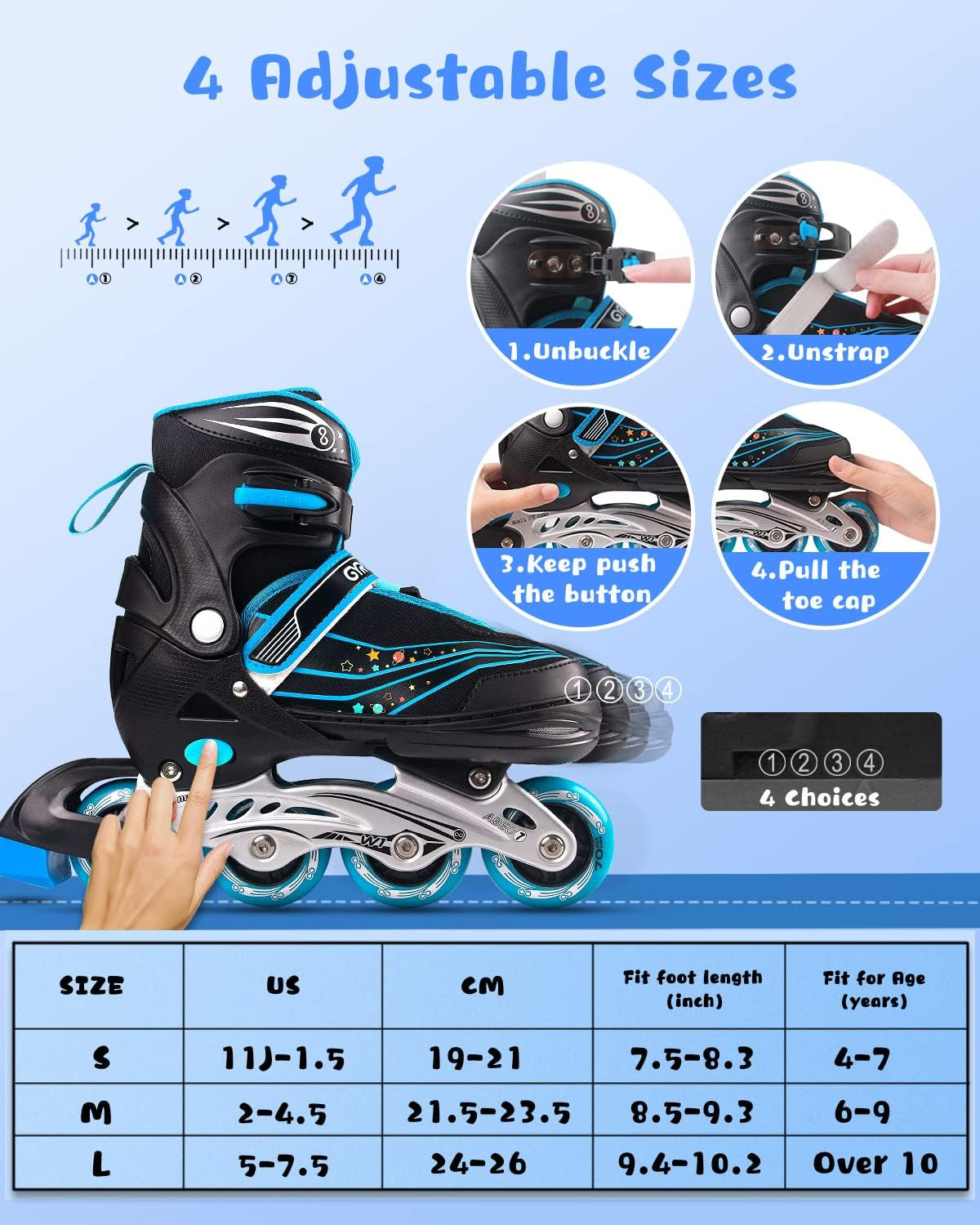 Kids Roller Blades,8 Flashing Wheels,4 Adjustable Sizes,Triple Safety Protection,Indoor Outdoor Roller Blades for Girls and Boys,Beginners W1 Blue M