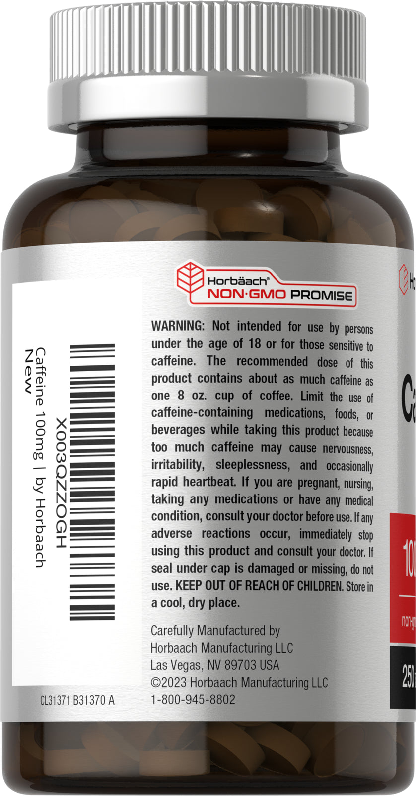 Caffeine Pills 100Mg | 250 Tablets | Vegetarian | Non-Gmo | by Horbaach
