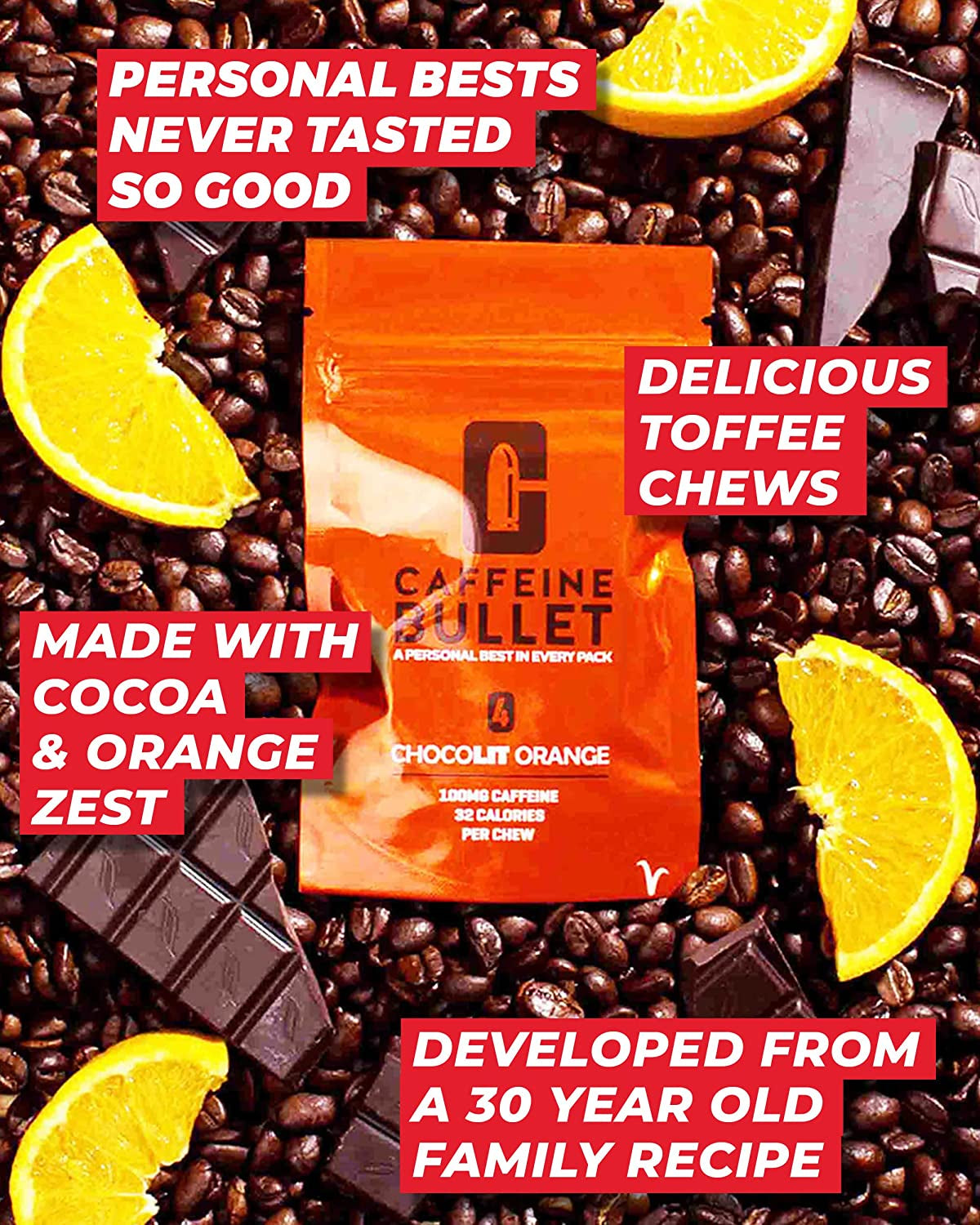 Energy Chews - Chocolate Orange. 40 * 85Mg - Faster Kick than Pills, Gels and Gum. Sport Science for Running, Cycling, Gaming & a Pre Workout Endurance Boost.