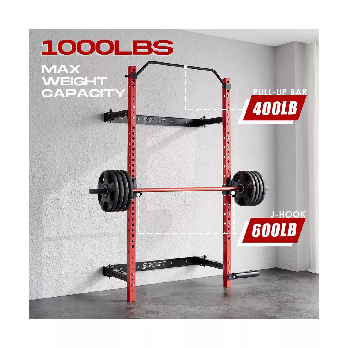 Garvee Folding Squat Rack, 1000LBS Capacity Wall Mounted Squat Rack, Foldable Squat Rack with Pull up Bar, J Hook, Landmine for Home Gym