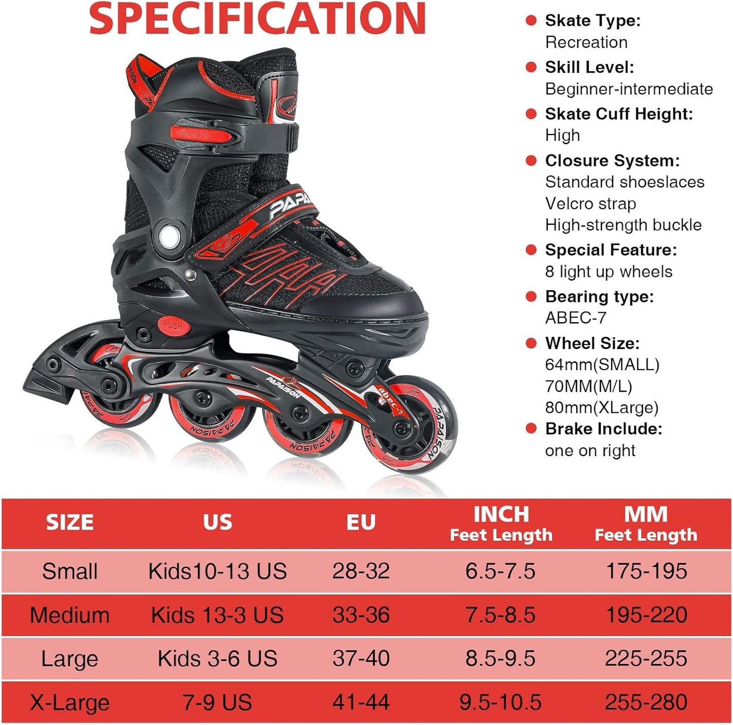 Adjustable Inline Skates for Kids and Adults, Roller Skates with Featuring All Illuminating Wheels, for Girls and Boys, Men and Ladies Red (Size L/XL)