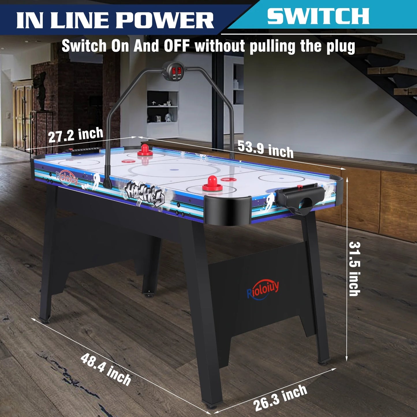 58" Air Hockey Table, Arcade Style with Powerful 700Ma Motor, Accurate Digital LED Scoreboard on Overhead Gantry, Includes 2 Pucks and 2 Pushers, Perfect for Kids and Adults