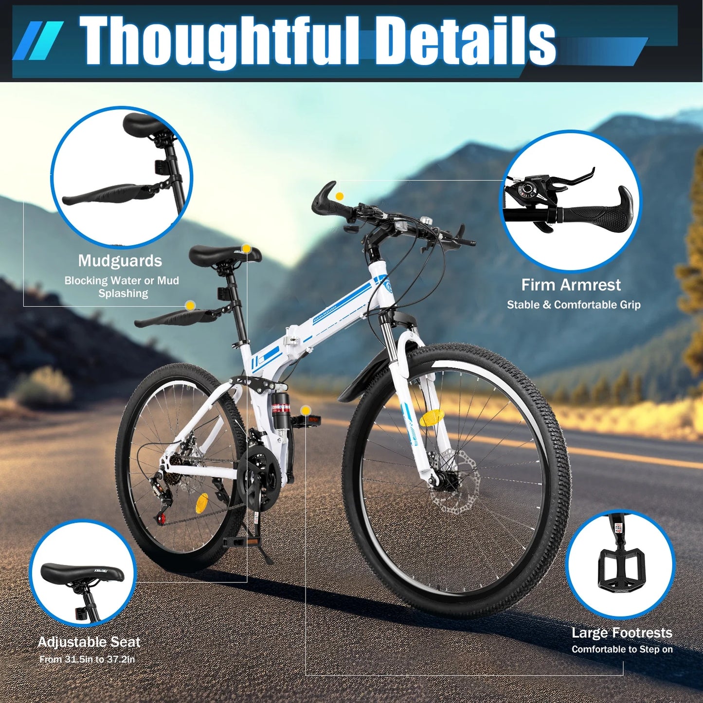 Adjustable Height Adult'S 26" Folding Bikes, White