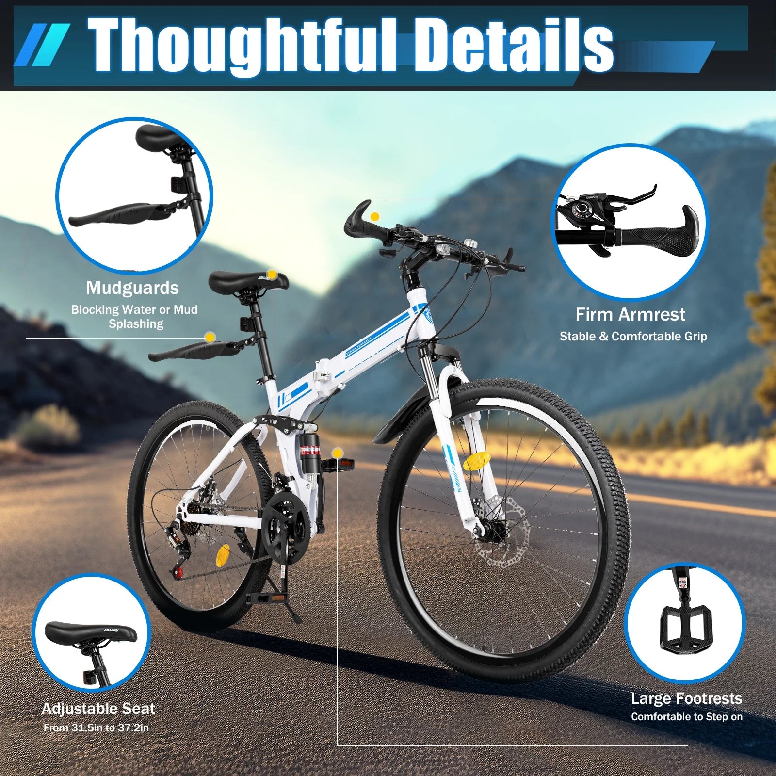 Adjustable Height Adult'S 26" Folding Bikes, White
