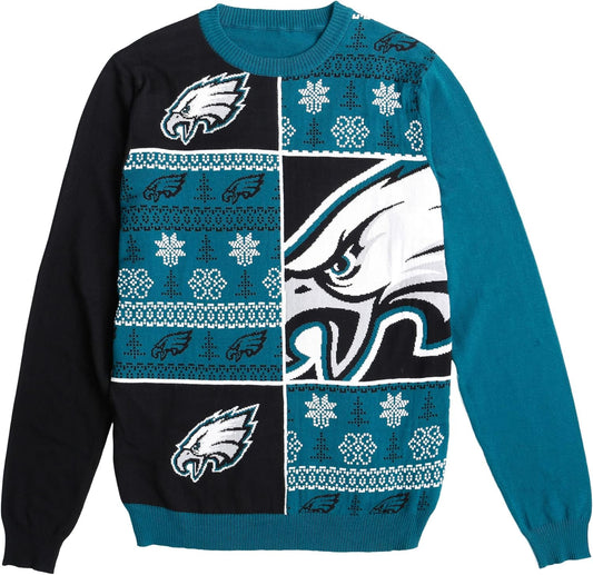 NFL Mens NFL Team Logo Busy Block Snowfall Holiday Ugly Sweater