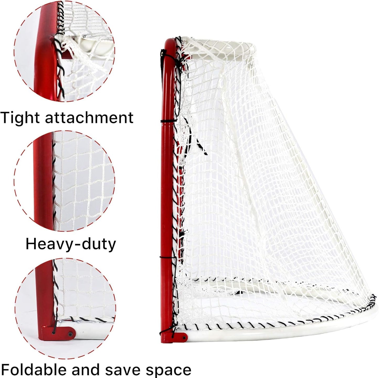 Foldable Hockey Goal，6' X 4' Steel Hockey Net Professional Street Hockey Shooting Targets with Red Frame and White Netting (Round)