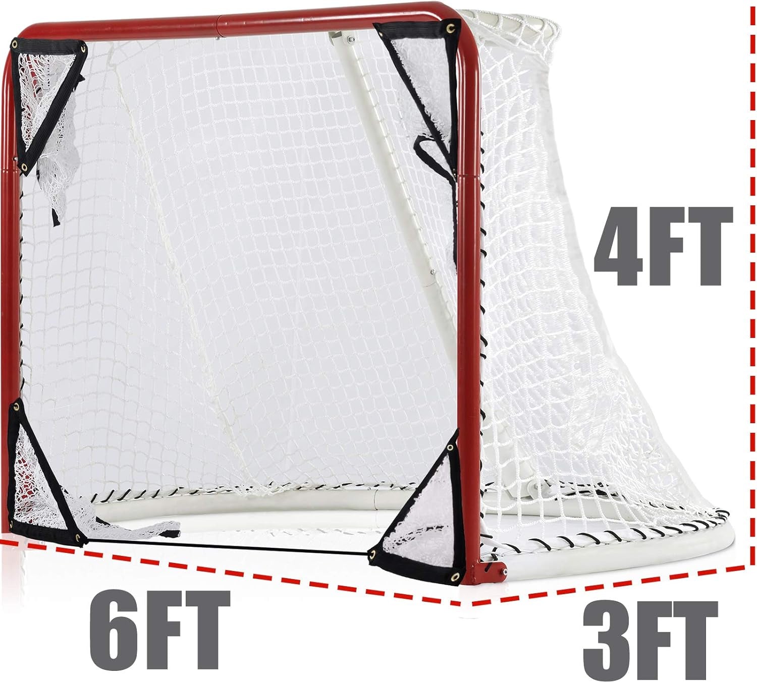 Foldable Hockey Goal，6' X 4' Steel Hockey Net Professional Street Hockey Shooting Targets with Red Frame and White Netting (Round)