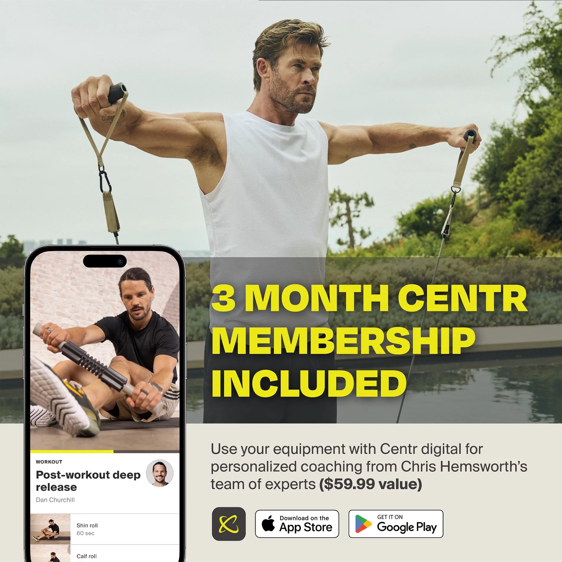 by Chris Hemsworth Massage Roller Stick for Muscle Soreness, Black/Sand with 3-Month  Membership