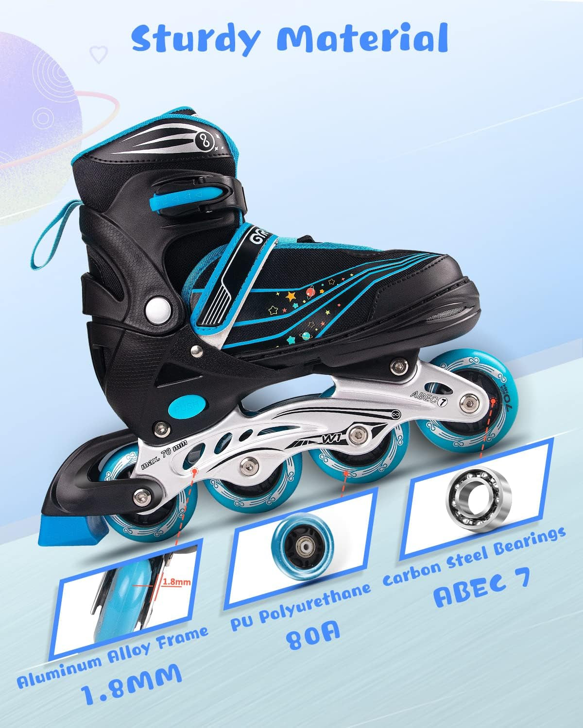 Kids Roller Blades,8 Flashing Wheels,4 Adjustable Sizes,Triple Safety Protection,Indoor Outdoor Roller Blades for Girls and Boys,Beginners W1 Blue M
