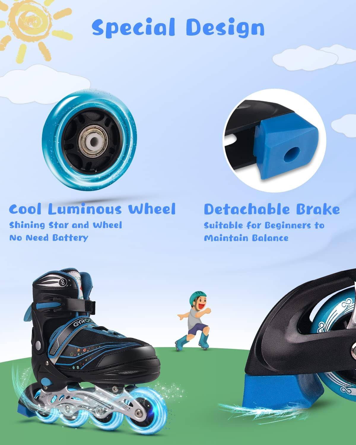 Kids Roller Blades,8 Flashing Wheels,4 Adjustable Sizes,Triple Safety Protection,Indoor Outdoor Roller Blades for Girls and Boys,Beginners W1 Blue M