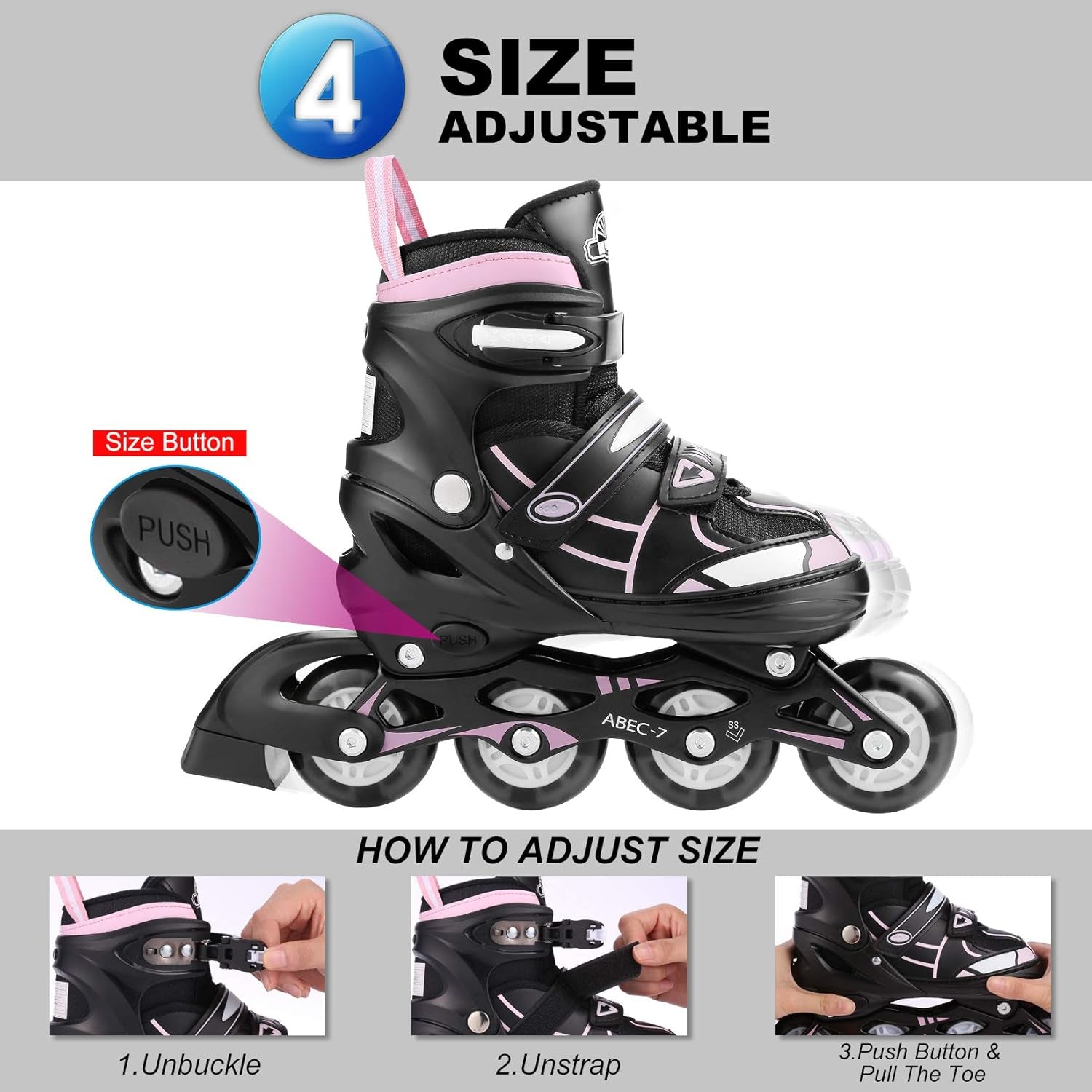 Inline Skate for Girls Boys Kids and Adult Women Adjustable Blades Roller Skates with Light up Wheels for Indoor Outdoor Youth in Line Skating ​For Beginners Children Teen
