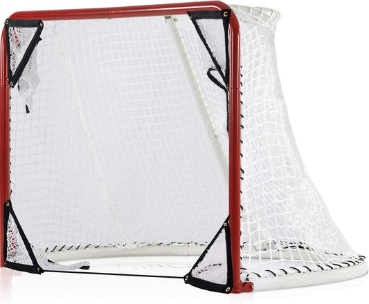 Foldable Hockey Goal，6' X 4' Steel Hockey Net Professional Street Hockey Shooting Targets with Red Frame and White Netting (Round)