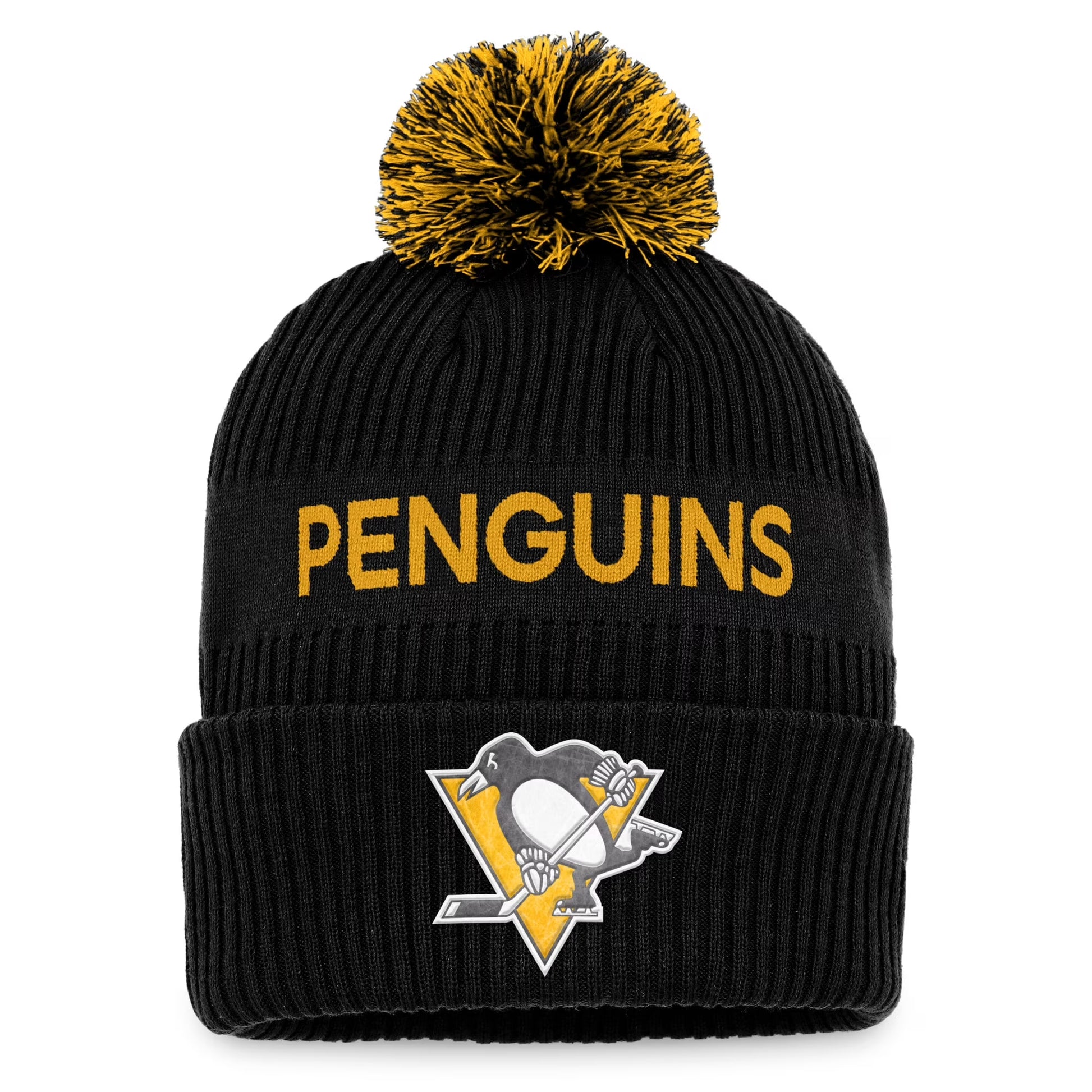 Men'S  Black/Yellow Pittsburgh Penguins 2022 NHL Draft Authentic Pro Cuffed Knit Hat with Pom