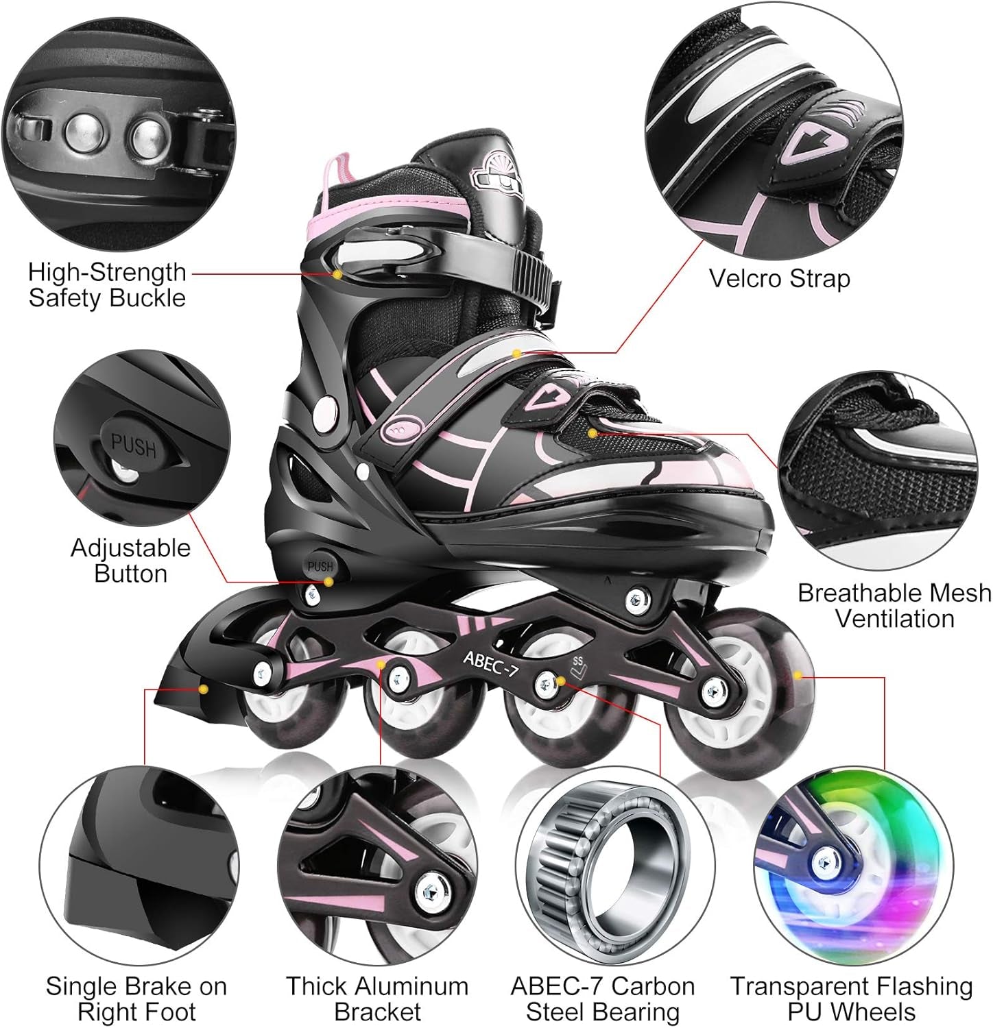 Inline Skate for Girls Boys Kids and Adult Women Adjustable Blades Roller Skates with Light up Wheels for Indoor Outdoor Youth in Line Skating ​For Beginners Children Teen