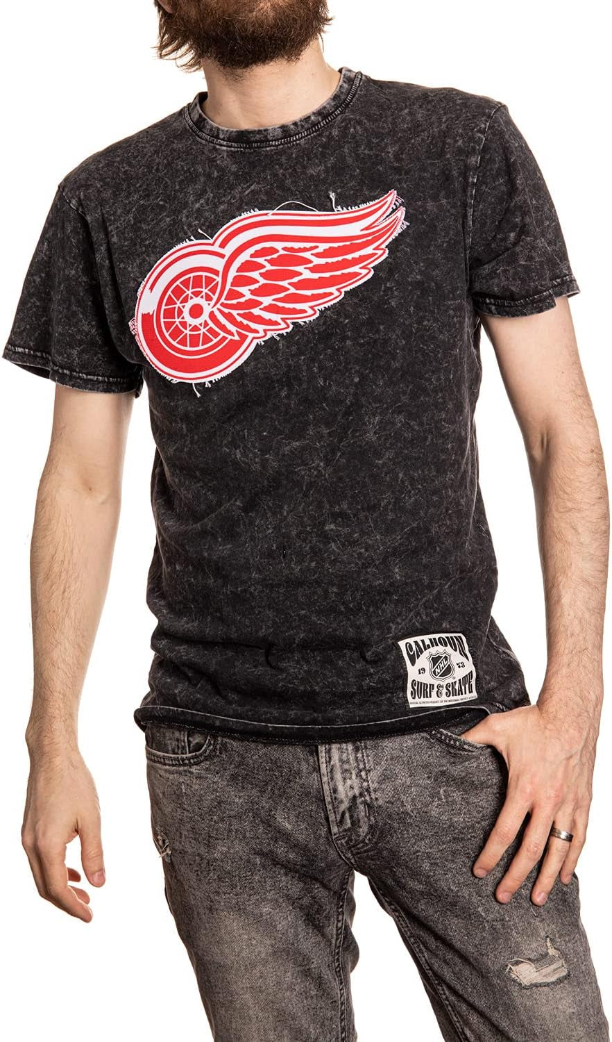 NHL Surf & Skate Mens Acid Wash Vintage Style T-Shirt with Frayed Patch Logo