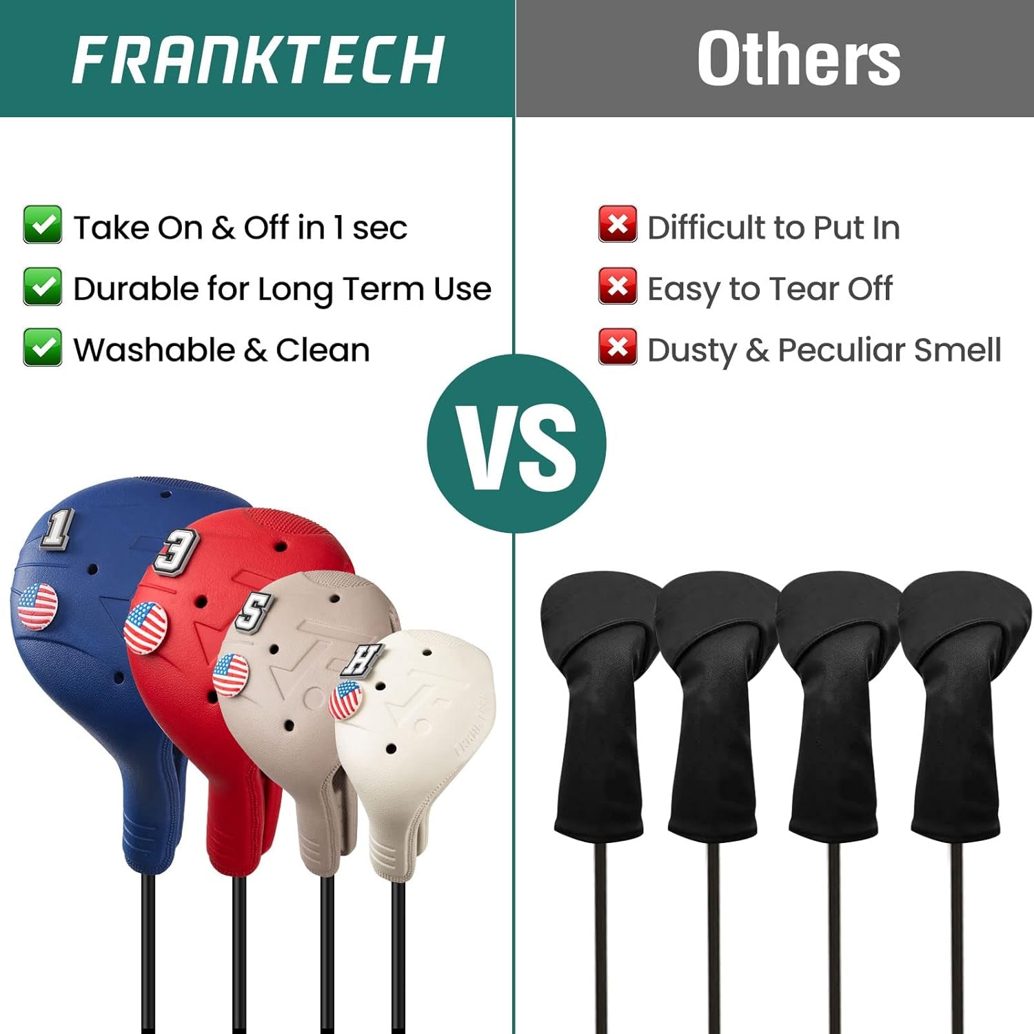 Golf Head Covers, EVA Plastic Golf Club Covers for Driver Fairway Woods Hybrid, Driver Headcover with Pins, Fit All Right-Handed Golf Clubs, Easy on Off, Washable