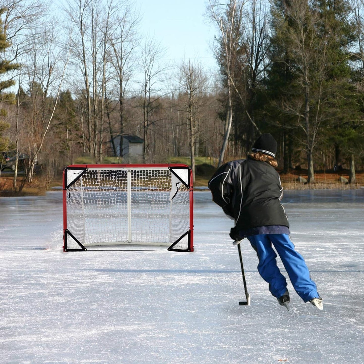 Foldable Hockey Goal，6' X 4' Steel Hockey Net Professional Street Hockey Shooting Targets with Red Frame and White Netting (Round)