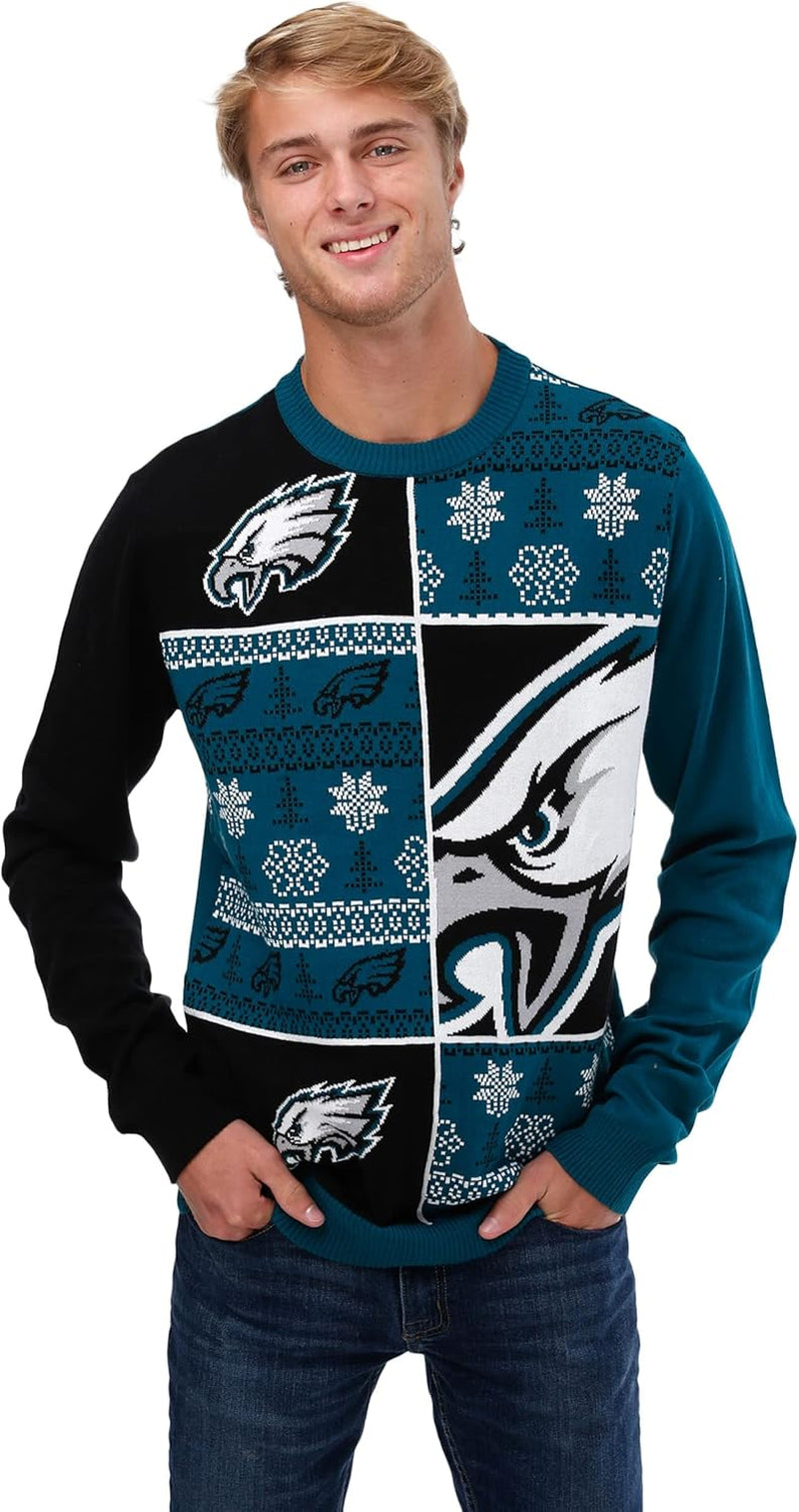 Men'S NFL Team Logo Busy Block Snowfall Holiday Ugly Sweater