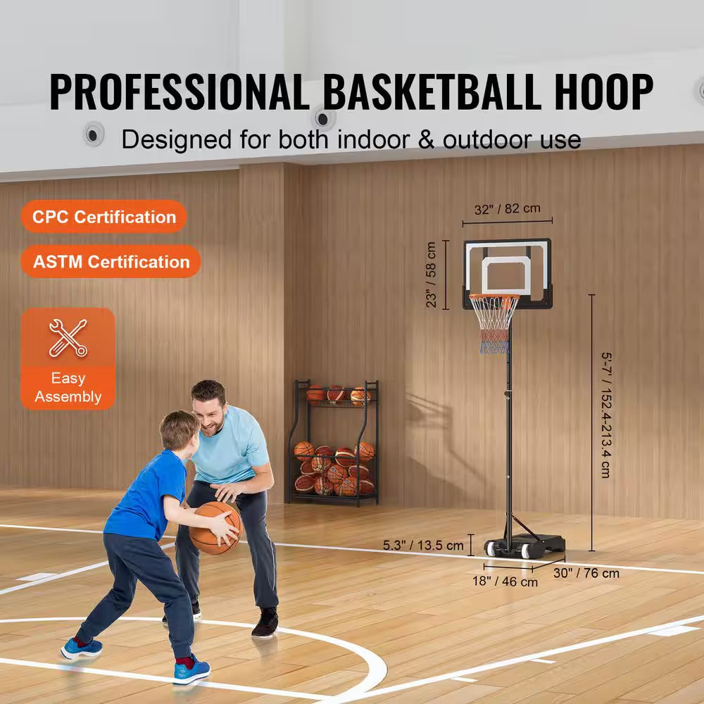 Basketball Hoop, 5-7 Ft. Adjustable Height Portable Backboard System, 32 In. Basketball Hoop Goal, for Outdoor/Indoor