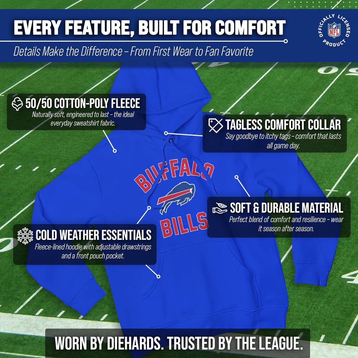 NFL Adult Gameday Hooded Sweatshirt - Poly Fleece Cotton Blend - Stay Warm and Represent Your Team in Style