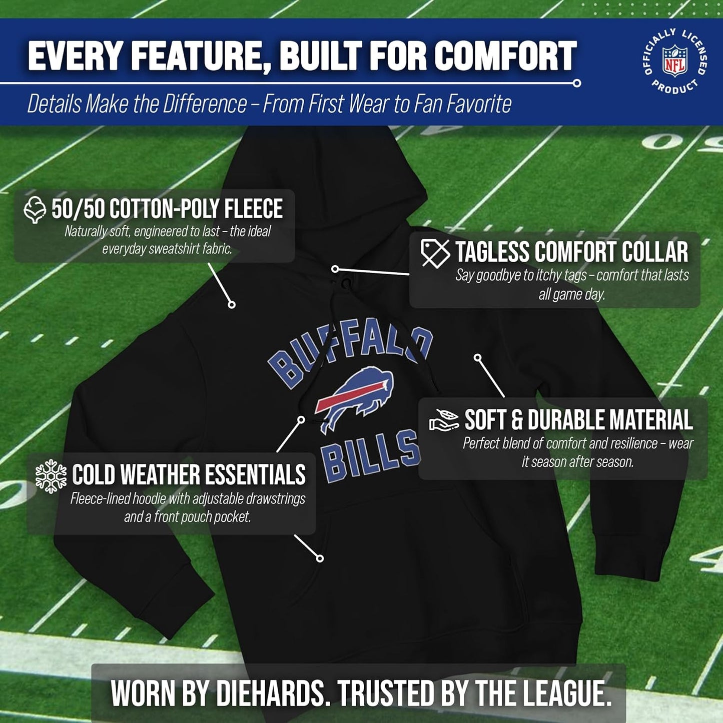 NFL Adult Gameday Hooded Sweatshirt - Poly Fleece Cotton Blend - Stay Warm and Represent Your Team in Style