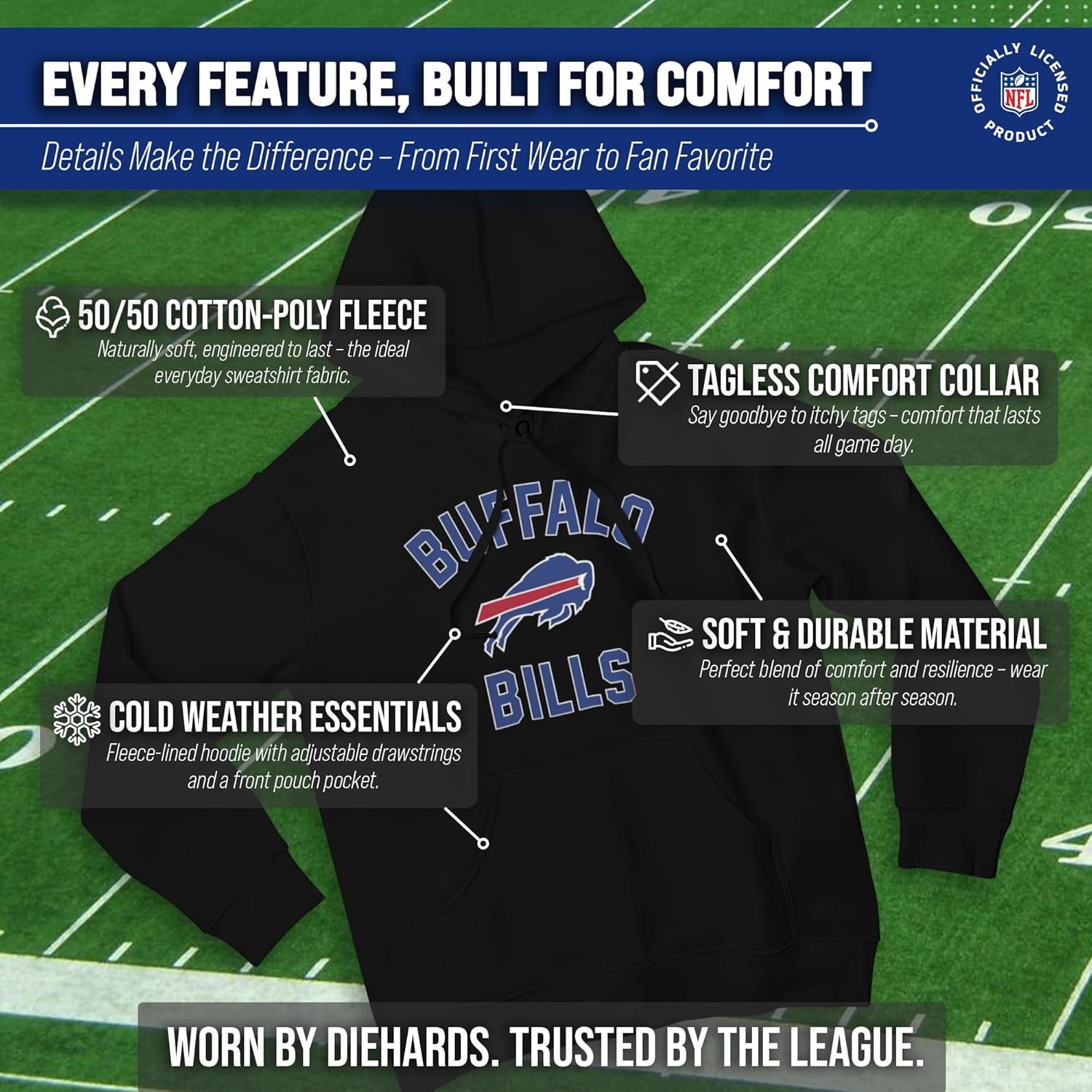 NFL Adult Gameday Hooded Sweatshirt - Poly Fleece Cotton Blend - Stay Warm and Represent Your Team in Style