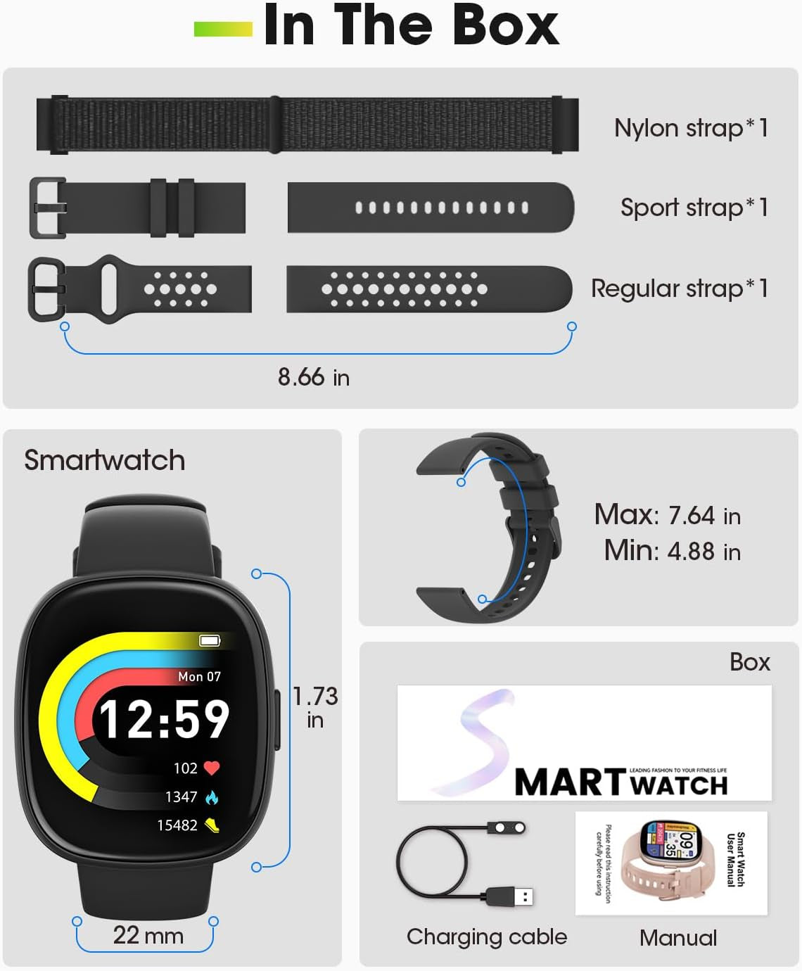Smart Watches for Men Women Fitness: Fitness Tracker with Blutooth Call 24/7 Heart Rate Spo2 Sleep Monitor 5ATM Waterproof 120+ Sport Mode Activity Trackers Compatible Iphone Android Phones (3 Bands)