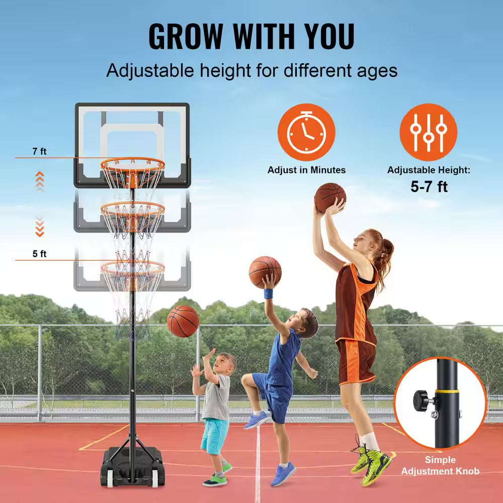 Basketball Hoop, 5-7 Ft. Adjustable Height Portable Backboard System, 32 In. Basketball Hoop Goal, for Outdoor/Indoor