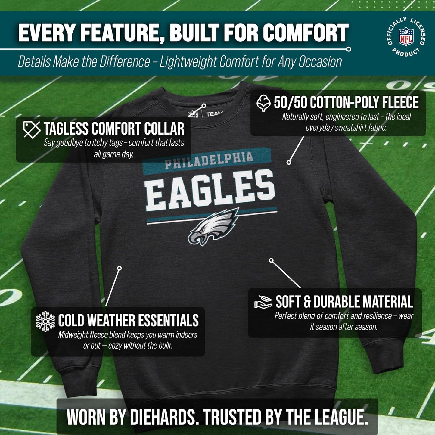 NFL Adult Long Sleeve Team Block Charcoal Crewneck Sweatshirt - Stay Warm & Represent Your Team with Style