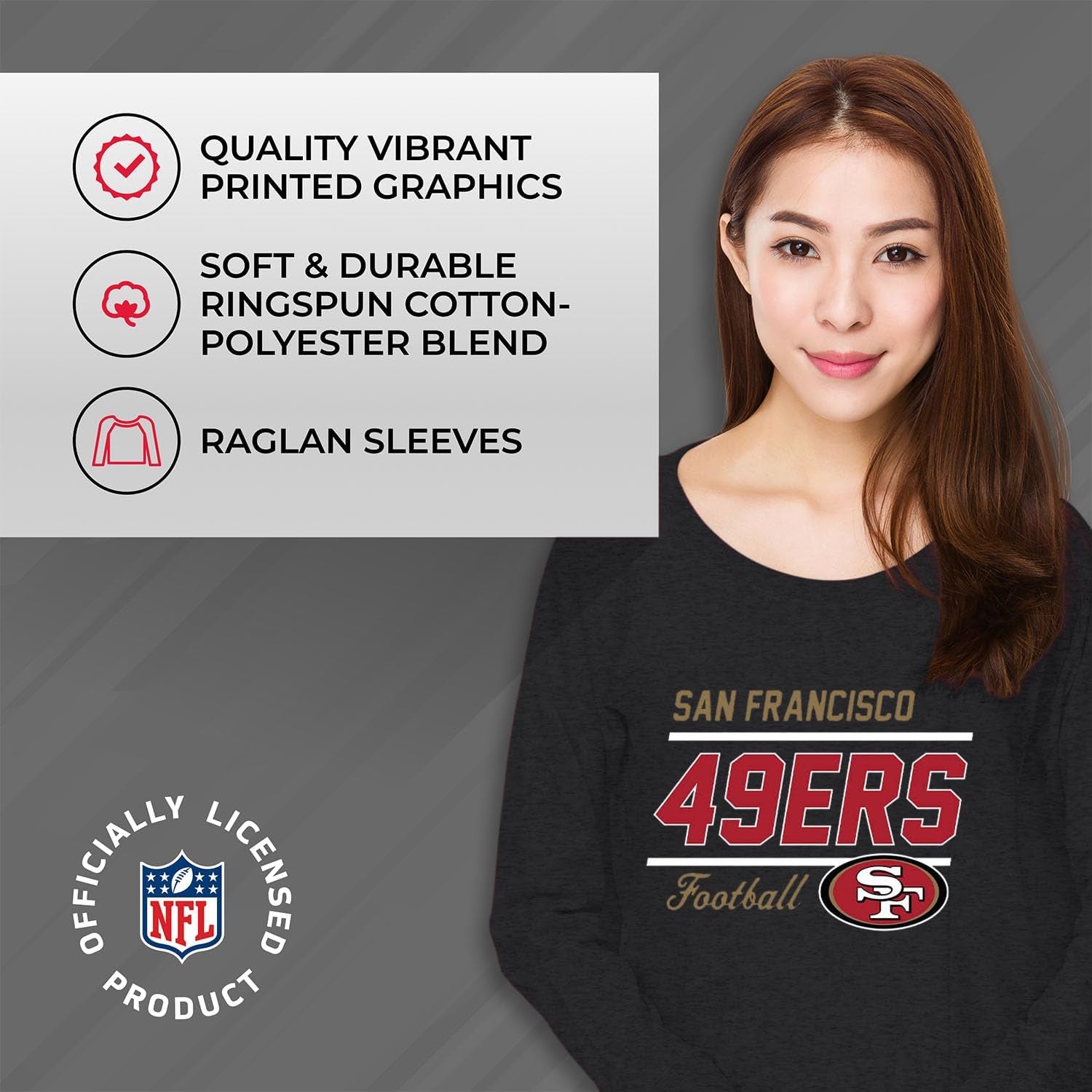 NFL Womens Crew Neck Light Weight, Gameday Apparel, Slouchy Fit Raglan Crewneck Pullover for Women