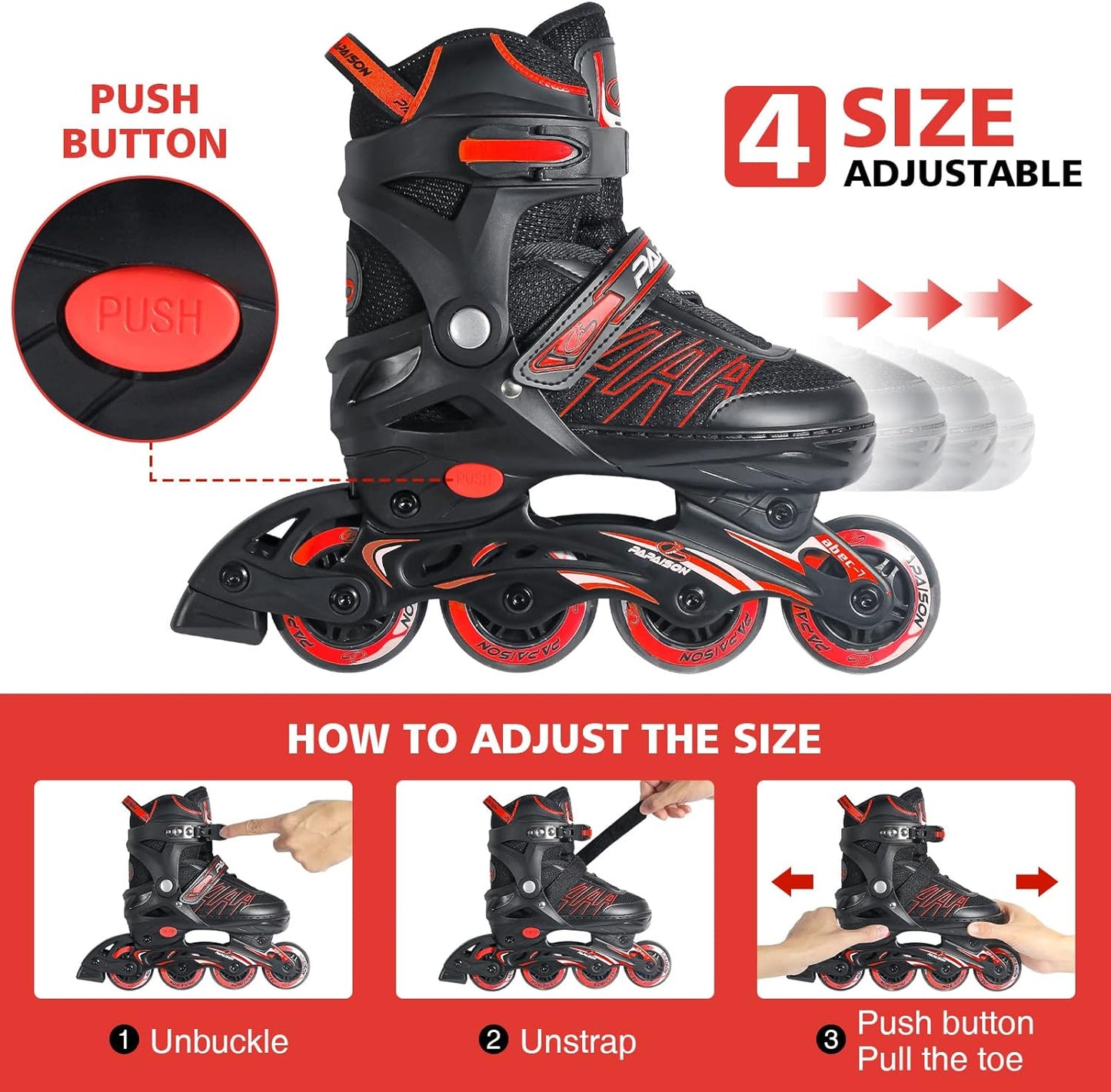 Adjustable Inline Skates for Kids and Adults, Roller Skates with Featuring All Illuminating Wheels, for Girls and Boys, Men and Ladies Red (Size L/XL)
