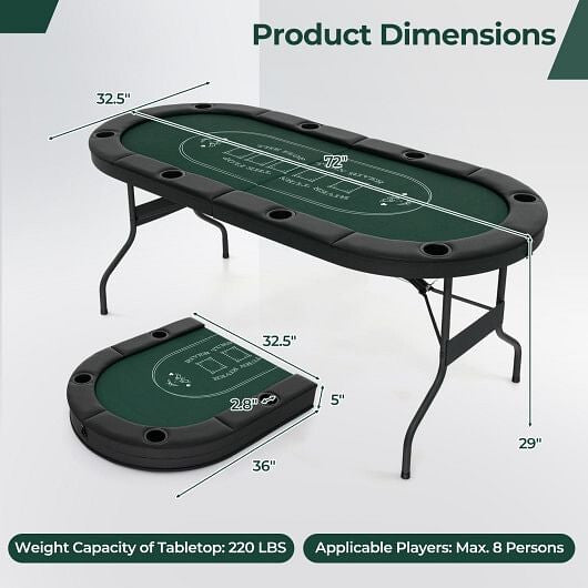 72 Inch Foldable Poker Table for 8 Players Portable Oval Card Board Game Table-Blue