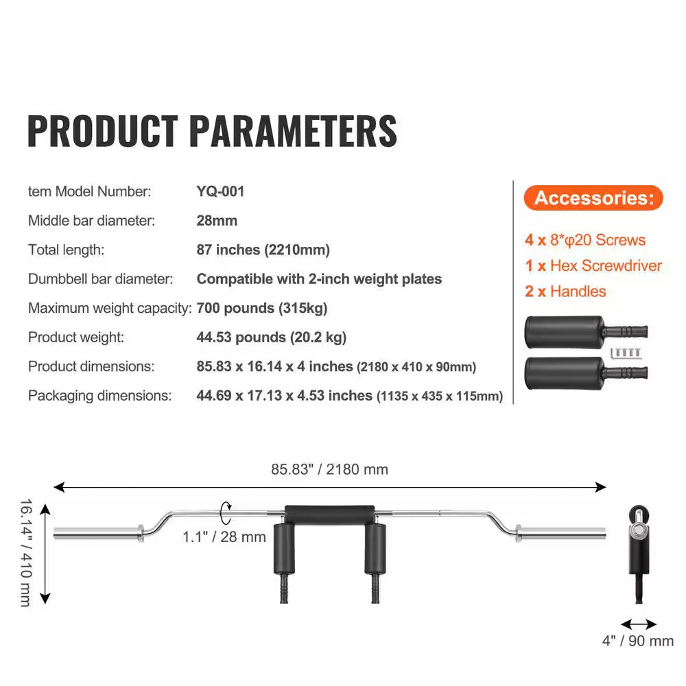 Safety Squat Bar, 700 Lbs. Fitness Squat Bar, Safety Squat Bar Attachment, 28 Mm Diameter, Ideal for Front Squats