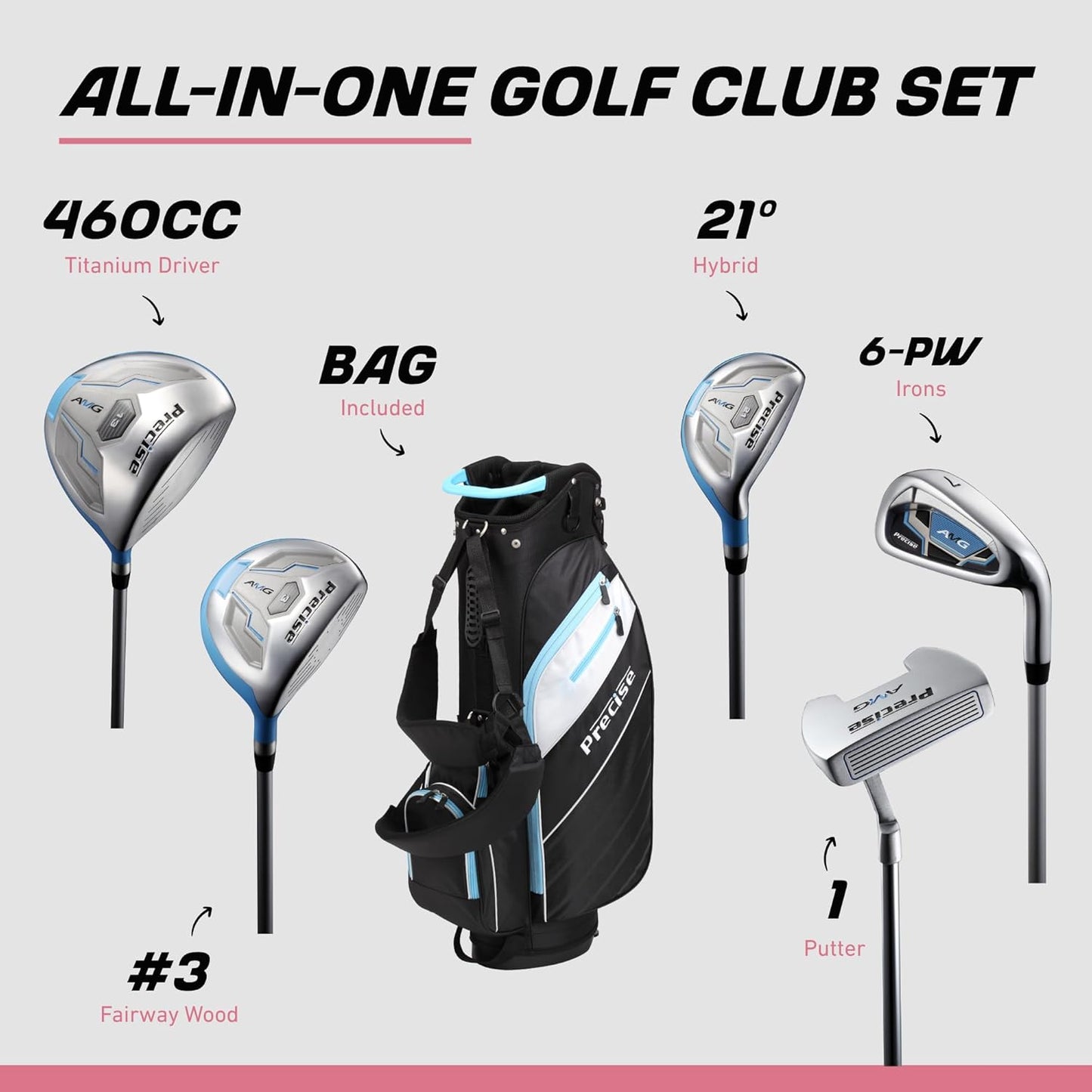 AMG Complete Womens Golf Clubs Set, Includes Driver, Fairway, Hybrid, 6-PW Irons, Putter, Stand Bag, 3 H/C'S, Golf Clubs Women Right Handed, Regular & Petite Sizes