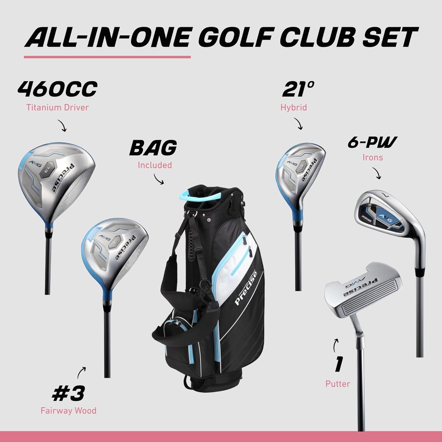 AMG Complete Womens Golf Clubs Set, Includes Driver, Fairway, Hybrid, 6-PW Irons, Putter, Stand Bag, 3 H/C'S, Golf Clubs Women Right Handed, Regular & Petite Sizes