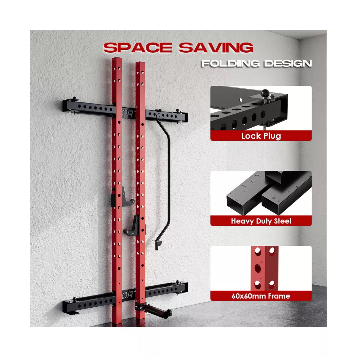 Garvee Folding Squat Rack, 1000LBS Capacity Wall Mounted Squat Rack, Foldable Squat Rack with Pull up Bar, J Hook, Landmine for Home Gym