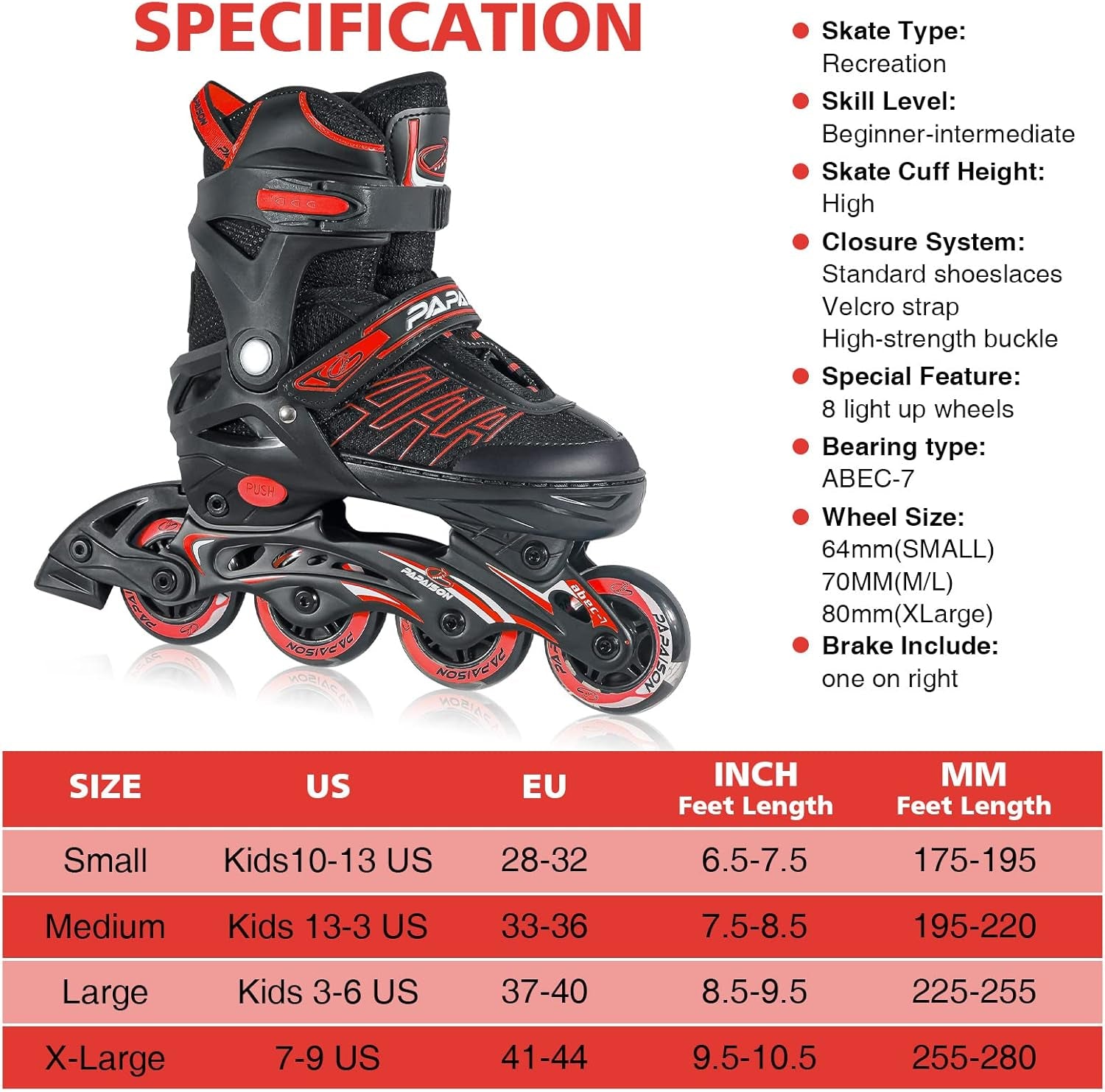 Adjustable Inline Skates for Kids and Adults, Roller Skates with Featuring All Illuminating Wheels, for Girls and Boys, Men and Ladies Red (Size L/XL)