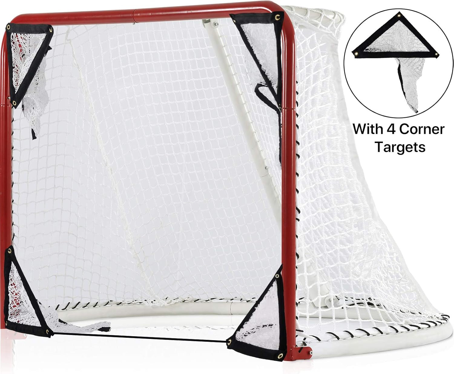 Foldable Hockey Goal，6' X 4' Steel Hockey Net Professional Street Hockey Shooting Targets with Red Frame and White Netting (Round)
