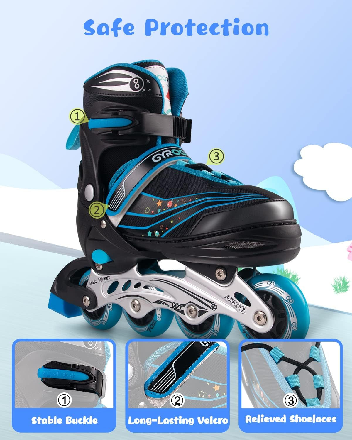 Kids Roller Blades,8 Flashing Wheels,4 Adjustable Sizes,Triple Safety Protection,Indoor Outdoor Roller Blades for Girls and Boys,Beginners W1 Blue M