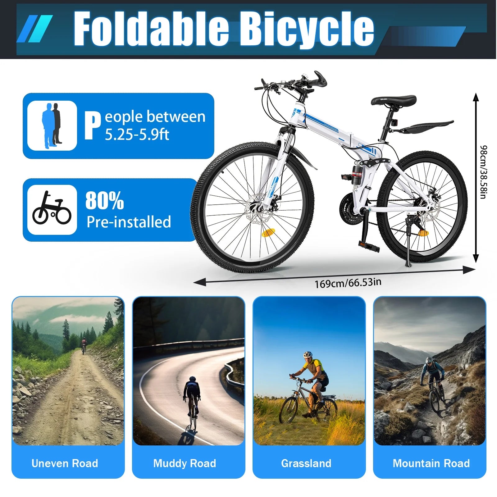 Adjustable Height Adult'S 26" Folding Bikes, White