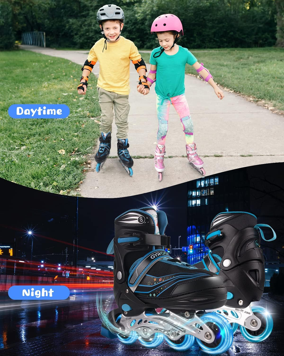 Kids Roller Blades,8 Flashing Wheels,4 Adjustable Sizes,Triple Safety Protection,Indoor Outdoor Roller Blades for Girls and Boys,Beginners W1 Blue M
