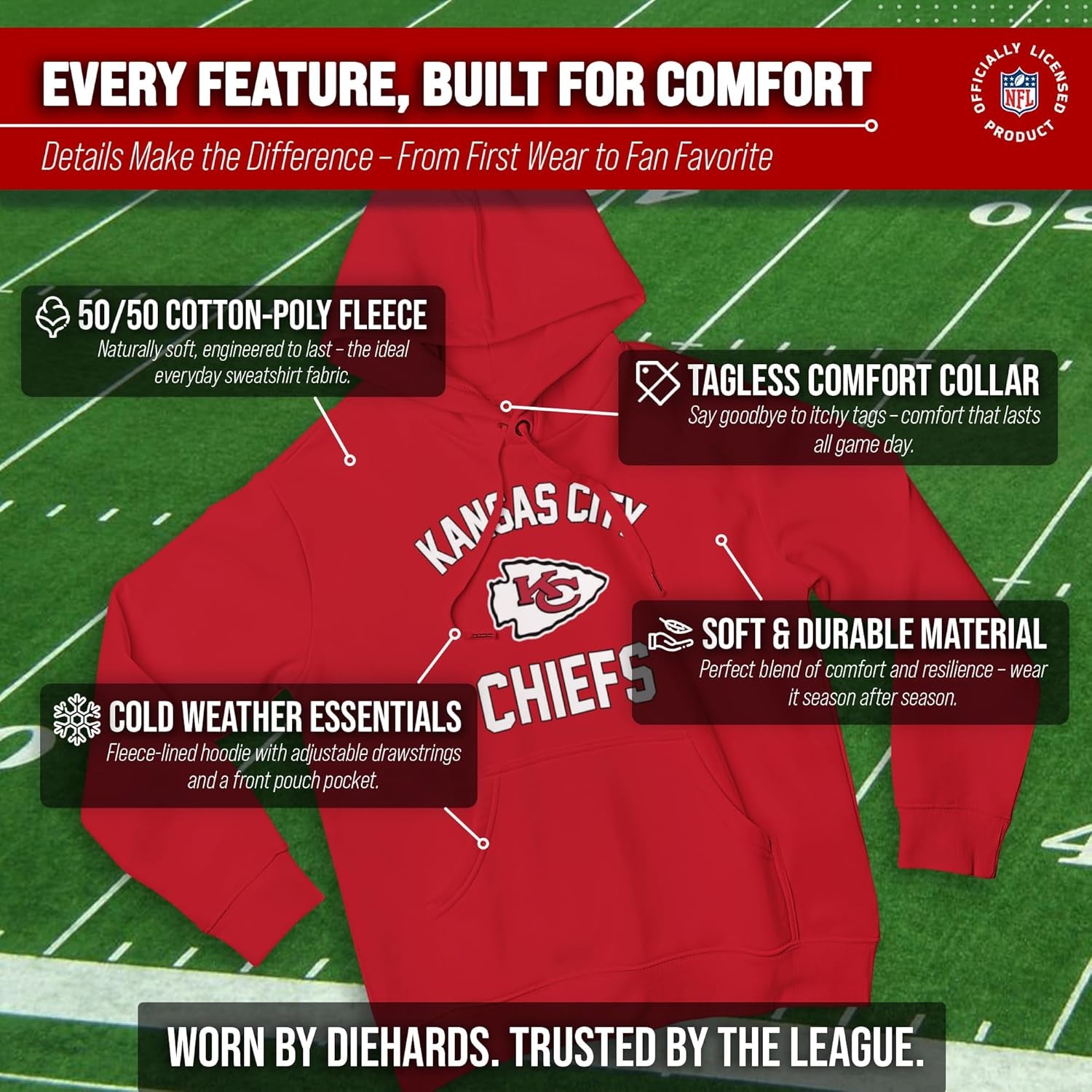 NFL Adult Gameday Hooded Sweatshirt - Poly Fleece Cotton Blend - Stay Warm and Represent Your Team in Style