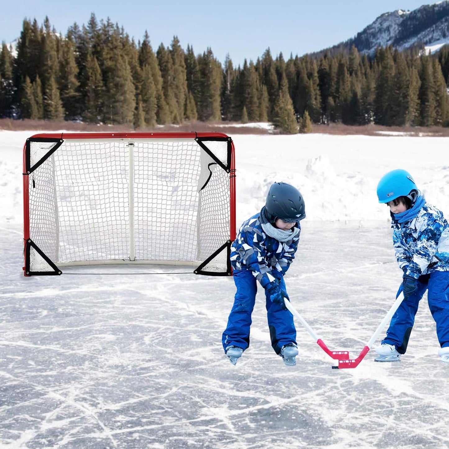 Foldable Hockey Goal，6' X 4' Steel Hockey Net Professional Street Hockey Shooting Targets with Red Frame and White Netting (Round)