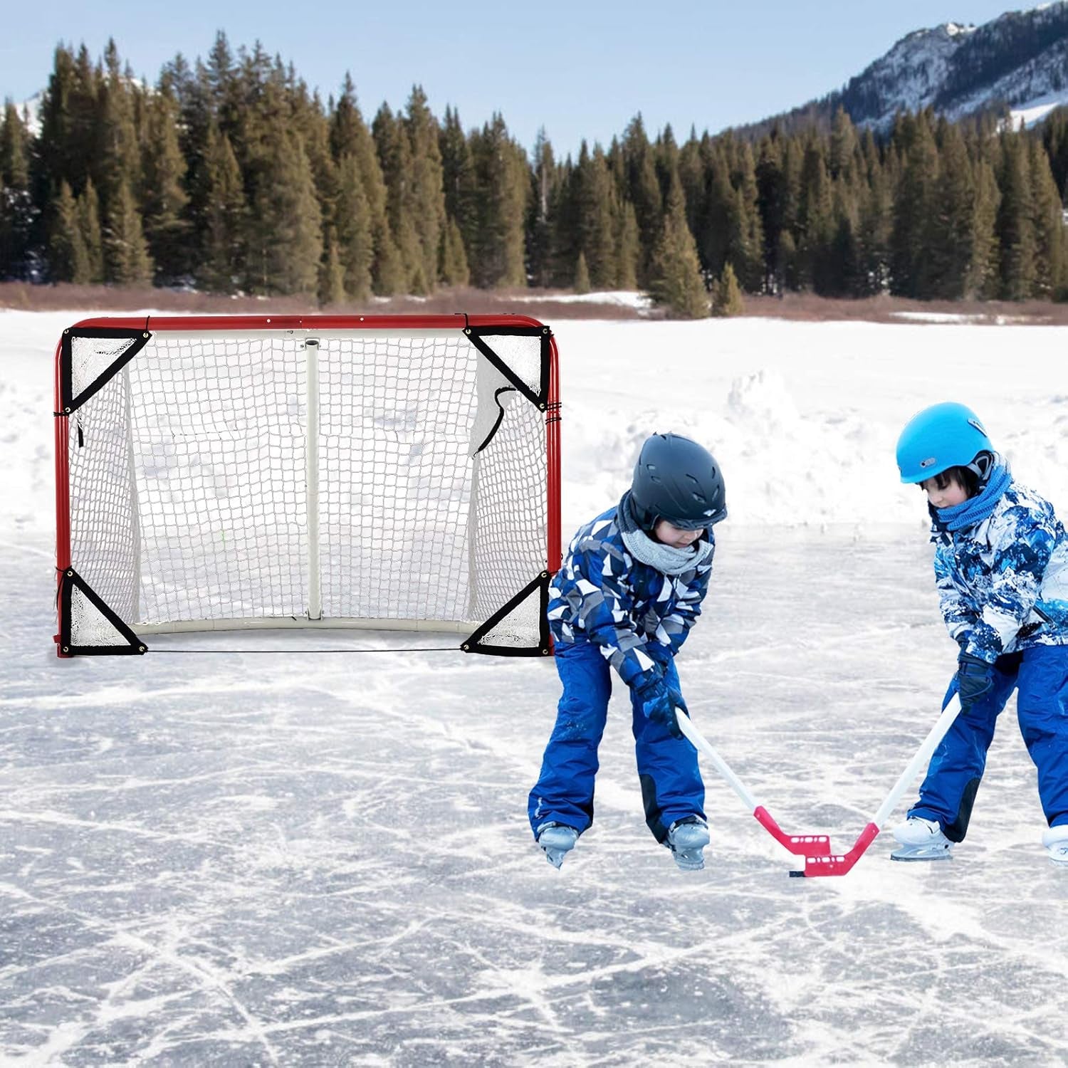 Foldable Hockey Goal，6' X 4' Steel Hockey Net Professional Street Hockey Shooting Targets with Red Frame and White Netting (Round)