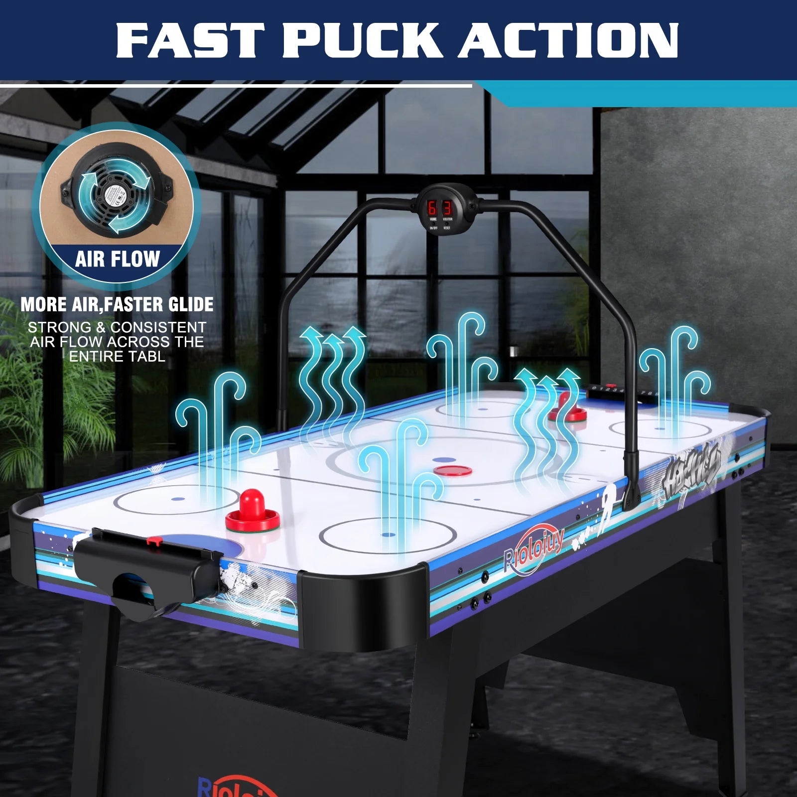 58" Air Hockey Table, Arcade Style with Powerful 700Ma Motor, Accurate Digital LED Scoreboard on Overhead Gantry, Includes 2 Pucks and 2 Pushers, Perfect for Kids and Adults