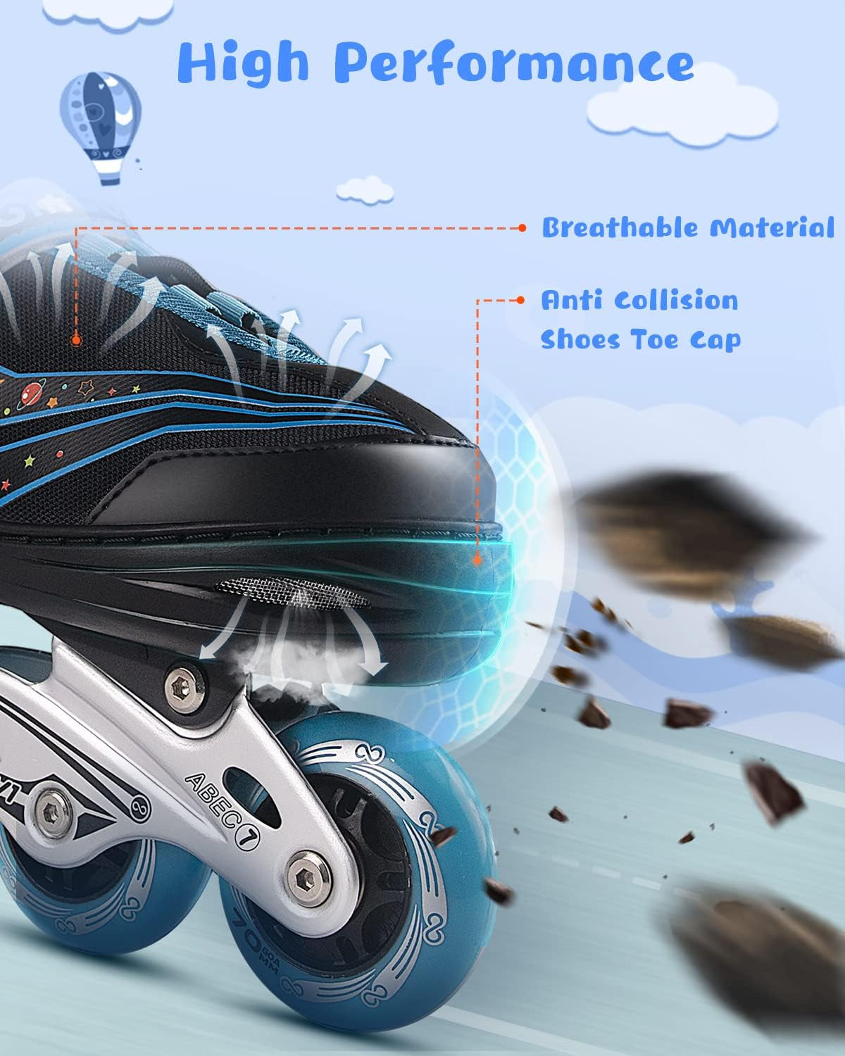 Kids Roller Blades,8 Flashing Wheels,4 Adjustable Sizes,Triple Safety Protection,Indoor Outdoor Roller Blades for Girls and Boys,Beginners W1 Blue M