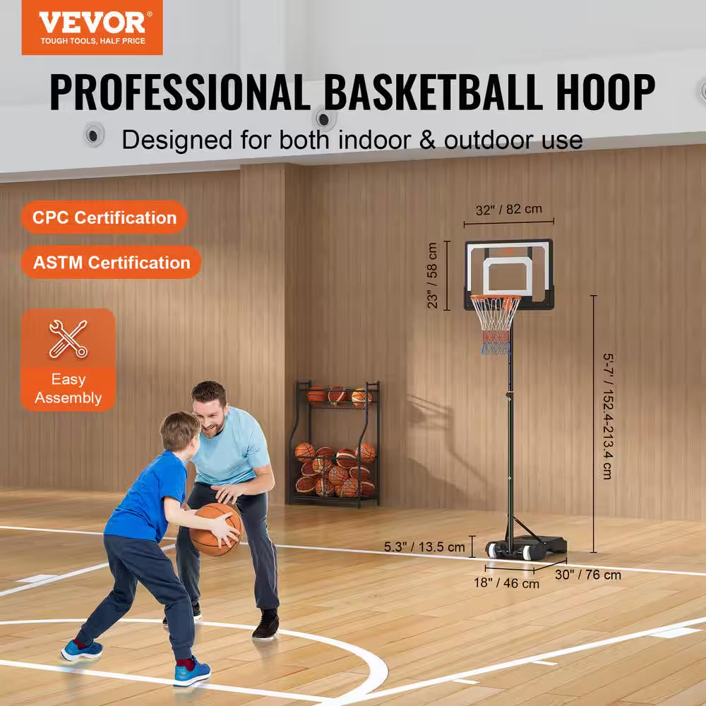 Basketball Hoop and Goal 5 to 7 Ft. Adjustable Height Portable Backboard System 32 In. Kids and Adults Basketball Set