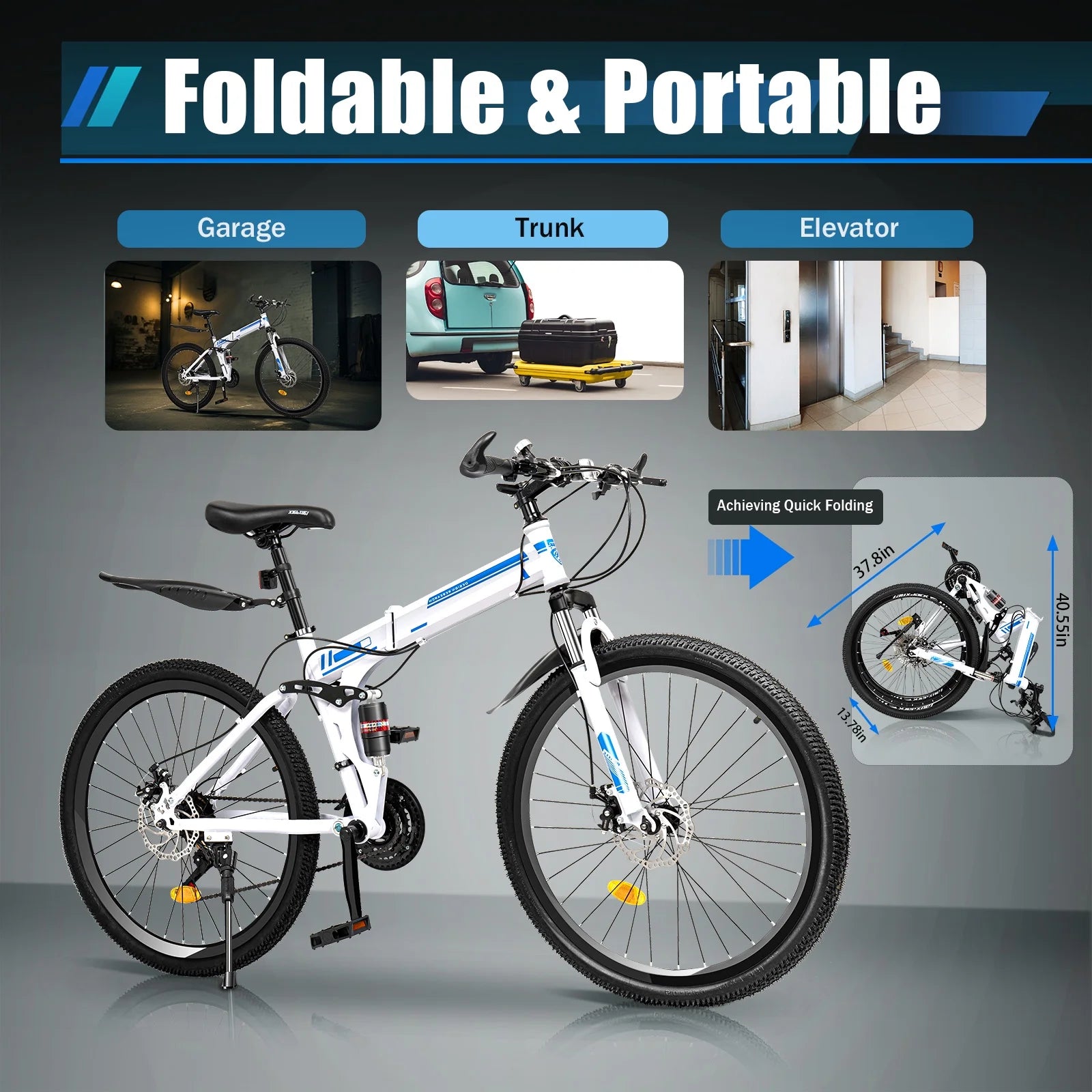 Adjustable Height Adult'S 26" Folding Bikes, White