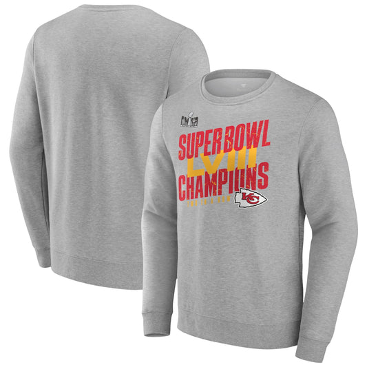 Men'S  Heather Gray Kansas City Chiefs Super Bowl LVIII Champions Iconic Victory Crewneck Pullover